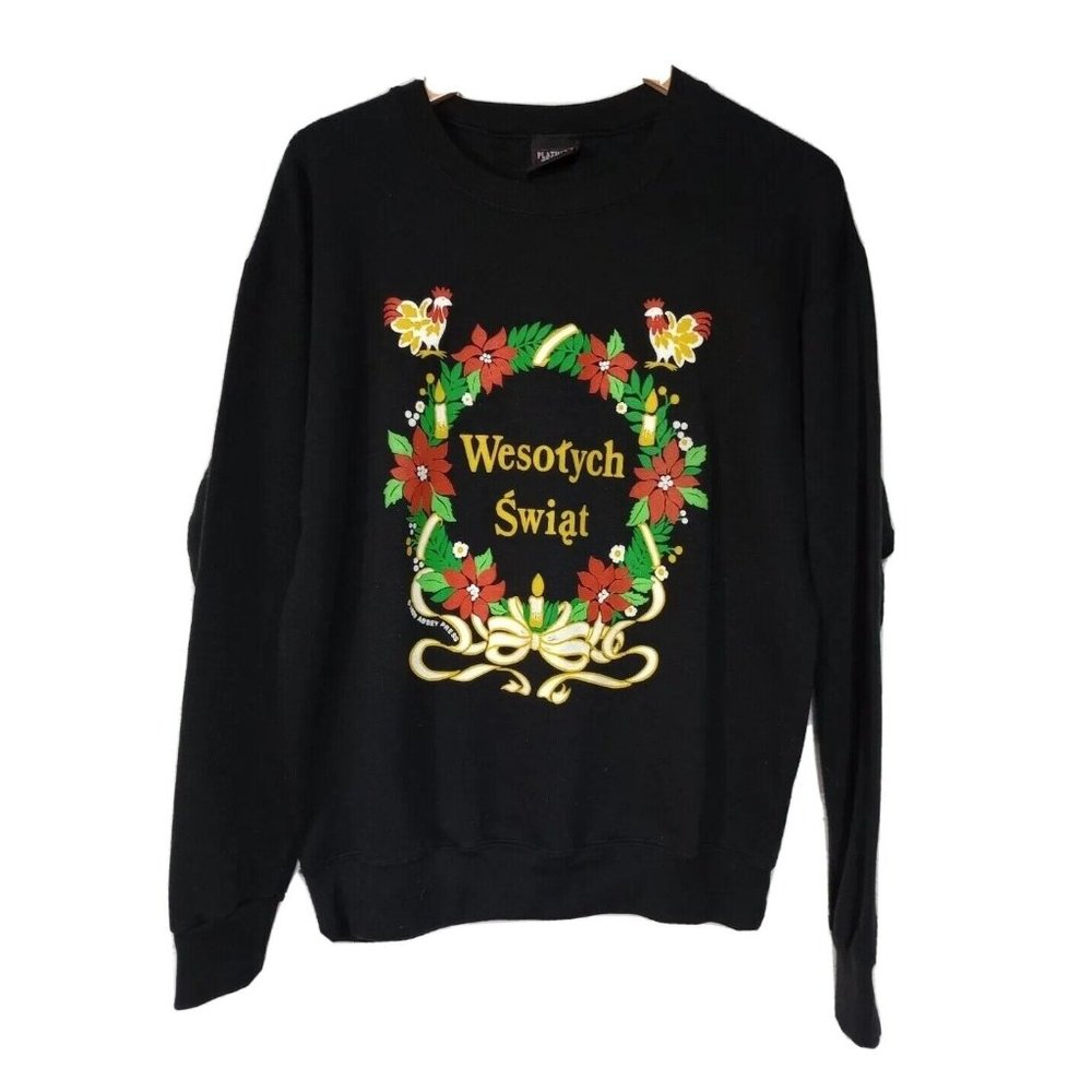 Vintage 90s Wesotych Swiat sweatshirt Christmas tree pullover Sweater Size Large